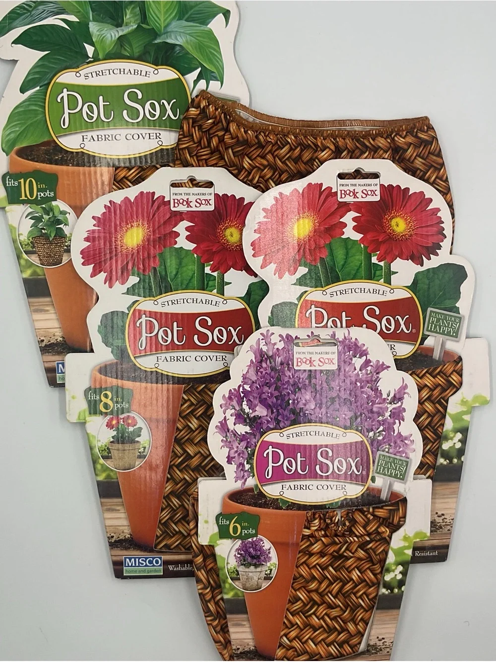 Lot x5 Pot Sox Cover  6”-10” Flower Pot Stretchable Washable Fabric Brown Wicker